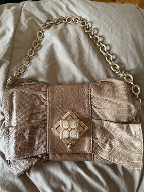 BCBGMaxAzria Metallic Taupe Faux-Snakeskin Shoulder Bag with Gold Hardware